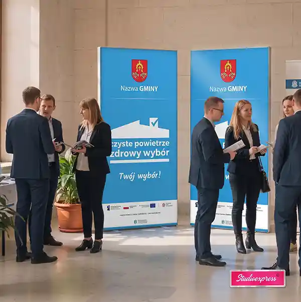 kaseton podświetlany Magentic Błękit z herbem gminy w holu urzędu do programu czyste powietrze